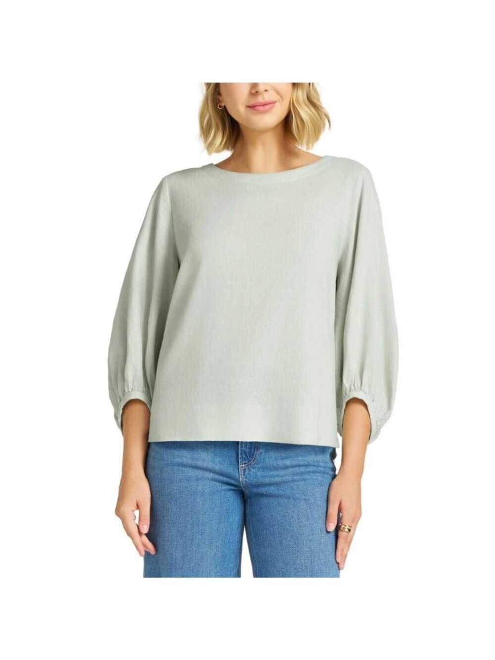 NWT Matty M Women's L Sage Green Balloon Sleeve Linen Blend Blouse B0490